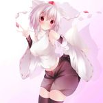  absurdres animal_ears bare_shoulders black_legwear blush breasts detached_sleeves hat highres inubashiri_momiji large_breasts looking_at_viewer midriff navel nicoby no_bra pom_pom_(clothes) red_eyes shirt short_hair silver_hair simple_background skirt smile solo tail thighhighs thighs tokin_hat touhou wolf_ears wolf_tail zettai_ryouiki 
