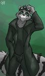  fluffy_tail fur gaze grey_fur looking_at_viewer lukas male mammal neon_green_eyes raccoon smirk standing welding_goggles 