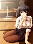  3d arm_support asou_asuna black_hair bow brown_eyes finger_to_mouth mitsumi_misato pantyhose short_hair solo tenshi_no_inai_12-gatsu third-party_edit waitress 