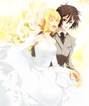  1girl bride closed_eyes couple dress good_end gundam gundam_seed gundam_seed_destiny happy hetero kusa_chuu red_eyes shinn_asuka stellar_loussier tuxedo wedding wedding_dress what_if 