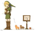  artist_request blonde_hair blue_eyes cat hat link lowres male_focus pointy_ears solo the_legend_of_zelda translated yarn 
