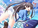  ass bag bent_over black_hair cherry_blossoms cloud day game_cg iinchou_(princess_witches) kannagi_rei long_hair looking_back open_mouth panties princess_witches school school_bag school_uniform side_ponytail skirt skirt_lift solo tears underwear upskirt white_panties 