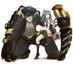  1girl animal_ears cigarette frown glasses green_eyes huge_weapon long_hair miniskirt monster mouth_hold necktie original pleated_skirt ponytail school_uniform scythe shoes silver_hair simple_background sitting skirt socks tansuke wavy_hair weapon 