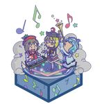  ^_^ bad_id bad_pixiv_id blonde_hair blue_hair brown_hair chibi closed_eyes commentary_request hat instrument isometric keyboard_(instrument) lunasa_prismriver lyrica_prismriver merlin_prismriver multiple_girls rodney siblings sisters touhou transparent_background trumpet violin 