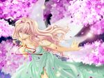  bare_shoulders blonde_hair blue_eyes cowboy_shot dress green_dress key_(chikey) long_hair looking_at_viewer macross macross_frontier sheryl_nome solo very_long_hair wavy_hair wings 