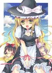  apron bad_id bad_pixiv_id blonde_hair blush_stickers bow braid buttons character_doll cloud crescent doll dress hair_bow hair_ribbon hakurei_reimu hanahanamaki hat highres kirisame_marisa open_mouth patchouli_knowledge ribbon sky solo touhou witch_hat yellow_eyes 