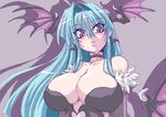  aqua_hair bare_shoulders bat_wings blush breasts choker demon_girl detached_sleeves earrings elbow_gloves gloves great_magami head_wings jewelry large_breasts leotard long_hair morrigan_aensland oekaki purple_eyes purple_wings shadow solo succubus vampire_(game) wings 