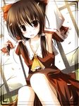  armpits brown_hair detached_sleeves hakurei_reimu long_hair mashayuki ribbon solo touhou 