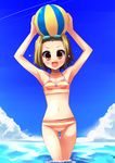  :d armpits ball beachball bikini blonde_hair cloud day flat_chest goggles k-on! navel open_mouth orange_eyes shin_(new) sky smile solo striped striped_bikini swimsuit tainaka_ritsu tomboy wading water 