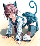  animal_ears brown_eyes cat_ears cat_tail catgirl crawling purple_hair school_uniform short_hair smile tail thigh-highs thighhighs tongue uniform 