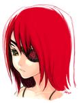  7h2o artist_name bad_id bad_pixiv_id bare_shoulders brown_eyes closed_mouth eyelashes eyepatch floral_print looking_at_viewer one_eye_covered original portrait red_hair rose_print short_hair simple_background solo spaghetti_strap white_background 