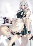  akito apron armband braid fingernails frills hairband high_heels izayoi_sakuya knife legs maid red_eyes ribbon shoe_ribbon shoes short_hair silver_hair solo touhou twin_braids 