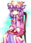  book chair hair_ribbon hat miya_(tsumazukanai) patchouli_knowledge purple_eyes purple_hair ribbon sitting solo touhou twintails 