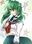  alternate_costume bad_id bad_pixiv_id frog gohei green_hair hair_ornament kochiya_sanae long_hair midriff navel sakayaki_(burning_soul) school_uniform serafuku snake solo touhou yellow_eyes 