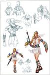  armor armored_dress artist_request blonde_hair braid breasts cleavage concept_art crossed_legs earrings hair_ornament jewelry large_breasts long_hair miniskirt multiple_views ribbon sandals shield sideboob simple_background skirt sophitia_alexandra soulcalibur standing sword watson_cross weapon 