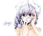  blue_eyes blue_hair blush close-up face hands hat letty_whiterock nail_polish nude purple_nails shimanaka_arihito short_hair solo touhou 