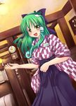  bashamichi clock green_hair japanese_clothes kochiya_sanae long_hair makino_(ukiuo) restaurant snake solo tasuki touhou waitress yagasuri yellow_eyes 