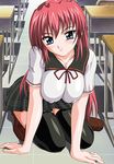  ane_haramix arm_support black_legwear blue_eyes blush breasts classroom covered_nipples desk kneeling large_breasts lilith-soft long_hair lowres official_art plaid red_hair school_uniform shoes skirt smile solo takami_hitomi thighhighs yasuno_yoshiaki 