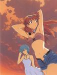  absurdres armpits arms_behind_head ayanami_rei bandeau bare_shoulders beach belt blue_eyes blue_hair choker cloud denim denim_shorts dress dutch_angle evening eyewear_on_head front-tie_top hair_ornament hairclip headphones headphones_around_neck highres midriff multiple_girls neon_genesis_evangelion open_clothes open_shorts outdoors red_eyes red_hair scan scan_artifacts shorts sky souryuu_asuka_langley strapless sundress sunglasses sushio tubetop unbuttoned water 