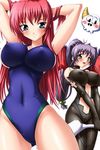  adjusting_hair ane_haramix arms_behind_head bat_wings blue_eyes blush breast_squeeze breasts competition_swimsuit covered_nipples cross demon_girl demon_wings green_eyes hair_bobbles hair_ornament horns large_breasts lilith-soft long_hair lowres mina_(ane_haramix) multiple_girls official_art one-piece_swimsuit ponytail purple_hair red_hair shinigami_oyabin sideboob skull smile swimsuit takami_hitomi wings yasuno_yoshiaki 