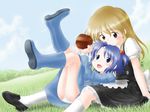  blonde_hair blue_eyes blue_hair child fang geshopu grass kawashiro_nitori kirisame_marisa long_hair mini-hakkero multiple_girls panties short_hair sitting touhou twintails two_side_up underwear 