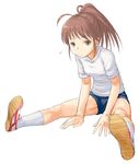  brown_eyes brown_hair copyright_request full_body hands minato_fumi ponytail shoes shorts socks solo sportswear stretch 