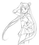  back_bow bishoujo_senshi_sailor_moon blush bow choker cowboy_shot double_bun elbow_gloves gloves greyscale long_hair looking_back magical_girl minato_fumi monochrome pose sailor_moon sailor_senshi_uniform solo tiara tsukino_usagi twintails twisted_torso very_long_hair 