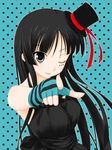  akiyama_mio asamiya bare_shoulders black_hair don't_say_&quot;lazy&quot; dress fingerless_gloves gloves grey_eyes hat k-on! long_hair mini_hat mini_top_hat one_eye_closed pointing single_glove smile solo striped striped_gloves top_hat 