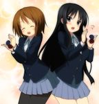  akiyama_mio back-to-back black_eyes black_hair blazer blush brown_hair castanets closed_eyes hair_ornament hairclip hirasawa_yui instrument jacket k-on! kyoku_tou long_hair multiple_girls pantyhose school_uniform short_hair skirt smile 