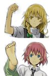  bad_id bad_pixiv_id barefoot blonde_hair blue_eyes bow braid clenched_hand crossover feet fist_bump hair_bow katawa_shoujo kirisame_marisa multiple_girls necktie no_hat no_headwear ogawa_maiko parody pink_hair raide raised_fist short_hair simple_background single_braid tezuka_rin touhou white_background yellow_eyes 