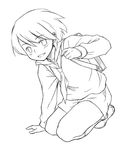  backpack bag blush bob_cut copyright_request full_body greyscale kneeling legs minato_fumi monochrome shoes short_hair shorts simple_background smile solo thighs 