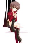  bangs belt bob_cut boots brown_eyes brown_hair isa_(ni-iro) jacket miniskirt nagato_yuki short_hair sitting skirt solo suzumiya_haruhi_no_yuuutsu 