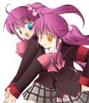  bad_id bad_pixiv_id blue_eyes bow futaki_kanata half_updo kiuri little_busters! long_hair multiple_girls pink_bow purple_hair saigusa_haruka school_uniform side_ponytail yellow_eyes 