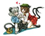  2girls animal_ears basket cat_ears cat_tail cheese chen earrings fang food hat heart jewelry mouse mouse_ears mouse_tail multiple_girls multiple_tails nazrin sw_(stevew) tail touhou you_gonna_get_raped 