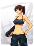  ahoge armpits bad_id bad_pixiv_id bandaid bandaid_on_nose breasts brown_hair camouflage gun hand_on_hip large_breasts looking_away midriff navel original ponytail short_hair solo strapless submachine_gun trigger_discipline tubetop weapon yellow_eyes yuuji_(and) 