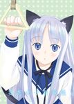  animal_ears blue_eyes blue_hair cat_ears copyright_request kazuto_izumi long_hair school_uniform serafuku solo tail 