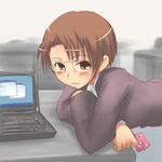  aaaa blush brown_eyes brown_hair computer condom glasses highres laptop leaning office_lady original short_hair solo 