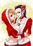  ass asymmetrical_docking blue_eyes box breast_hold breast_press breasts brown_eyes chikaburo choker cross fur_trim gift gift_box groin hug long_hair long_sleeves multiple_girls nami_(one_piece) nico_robin one_eye_closed one_piece orange_hair purple_hair santa_costume smile tongue tongue_out 