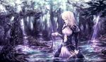  ahoge artoria_pendragon_(all) blue_dress blue_ribbon caliburn dress excalibur fate/stay_night fate_(series) forest hair_down hair_ribbon lake landscape light_rays long_hair nature nuwanko outdoors ribbon saber scenery solo sunbeam sunlight sword weapon 