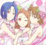  blue_hair brown_eyes brown_hair earrings flower futami_ami girl_sandwich hair_ornament hair_ribbon heart hug idolmaster idolmaster_(classic) jewelry komore looking_at_viewer minase_iori miura_azusa multiple_girls one_eye_closed princess_melody_(idolmaster) puckered_lips purple_eyes red_eyes ribbon ryuuguu_komachi sandwiched side_ponytail smile 