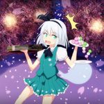  1girl ascot black_hairband cato_(monocatienus) cherry_blossoms dango dropping food green_eyes hair_ribbon hairband hitodama konpaku_youmu konpaku_youmu_(ghost) mundane_utility petals plate ribbon sanshoku_dango short_hair silver_hair skewer skirt solo surprised sweatdrop touhou tray wagashi 