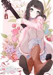  bangs black_hair boots brown_footwear choker detached_sleeves flower green_eyes guitar instrument looking_at_viewer mia0309 omamori original petals ribbed_legwear ribbon_choker sheet_music short_hair sitting smile socks_over_thighhighs solo thighhighs 