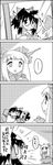  3girls 4koma animal_ears ascot book bow cat cleaning comic commentary cosplay detached_sleeves food frills fruit futatsuiwa_mamizou glasses greyscale hair_bow hair_ornament hair_ribbon hair_tubes hakurei_reimu hakurei_reimu_(cosplay) hat highres hinanawi_tenshi horns ibuki_suika jitome leaf leaf_on_head long_hair lying monochrome multiple_girls open_mouth peach raccoon_ears reading ribbon smile sparkle sweatdrop tail tani_takeshi touhou translated window yukkuri_shiteitte_ne 