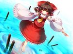 barefoot bow brown_hair detached_sleeves dutch_angle gengetsu_chihiro hair_bow hakurei_reimu highres long_hair looking_at_viewer red_eyes ribbon ripples smile solo standing standing_on_liquid touhou water 
