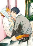  2boys black_eyes black_hair blush brown_eyes haikyuu!! hinata_shouyou incipient_kiss kageyama_tobio kneeling looking_at_another male male_focus multiple_boys orange_hair sitting sweat towel yaoi 