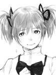  bow greyscale hair_ribbon kaname_madoka kyo-ani_love mahou_shoujo_madoka_magica monochrome ribbon short_hair short_twintails smile solo twintails 