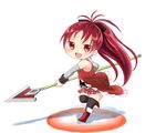  :d absurdres bow chibi fang hair_bow highres m-eine magical_girl mahou_shoujo_madoka_magica open_mouth polearm ponytail red_eyes red_hair sakura_kyouko simple_background smile solo spear thighhighs weapon white_background zettai_ryouiki 