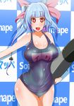  blue_hair bow breasts cleavage curvy fang hair_bow i-19_(kantai_collection) jiseki kantai_collection large_breasts long_hair looking_at_viewer one-piece_swimsuit red_eyes school_swimsuit smile solo swimsuit thighs wide_hips 