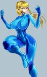  bad_id bad_pixiv_id blonde_hair blue_background blue_eyes bodysuit breasts clenched_hands covered_nipples highres huge_breasts long_hair metroid narrow_waist ponytail samus_aran serious simple_background skin_tight solo space_jin thick_thighs thighs white_background zero_suit 