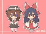  ascot black_hair blue_eyes bow brown_eyes brown_hair chibi detached_sleeves expressionless fushigi_ebi hair_bow hair_tubes hakurei_reimu hat long_hair looking_at_viewer multiple_girls necktie ribbon short_hair skirt touhou usami_renko 